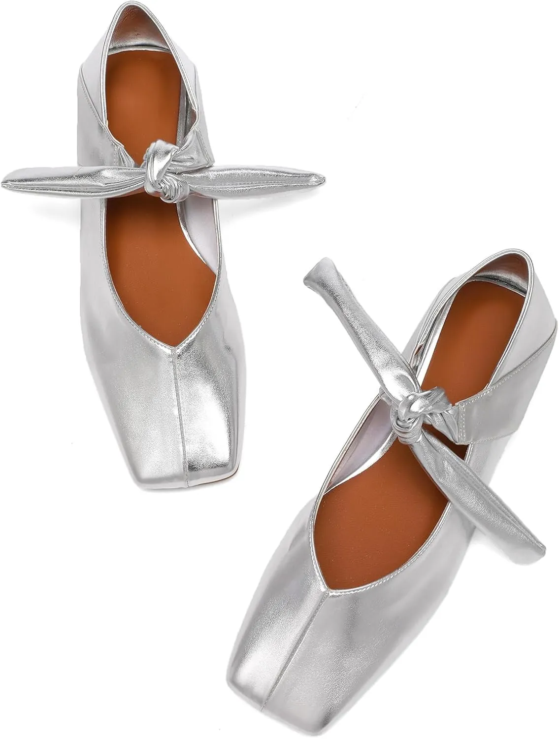 Silver Bow Ballet Flats Shoes for Women Bow Tie Slip On Mary Jane Flats Square Toe Casual Dress Ballerina Shoes