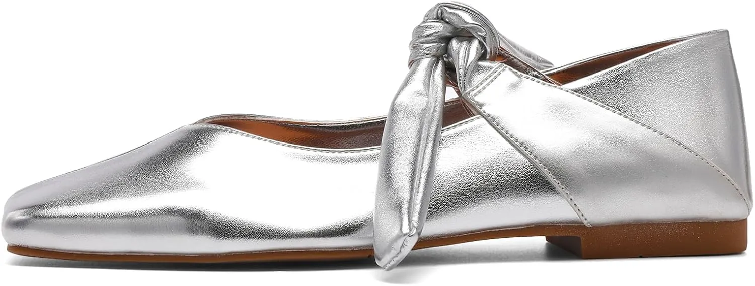 Silver Bow Ballet Flats Shoes for Women Bow Tie Slip On Mary Jane Flats Square Toe Casual Dress Ballerina Shoes