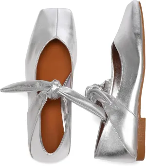 Silver Bow Ballet Flats Shoes for Women Bow Tie Slip On Mary Jane Flats Square Toe Casual Dress Ballerina Shoes