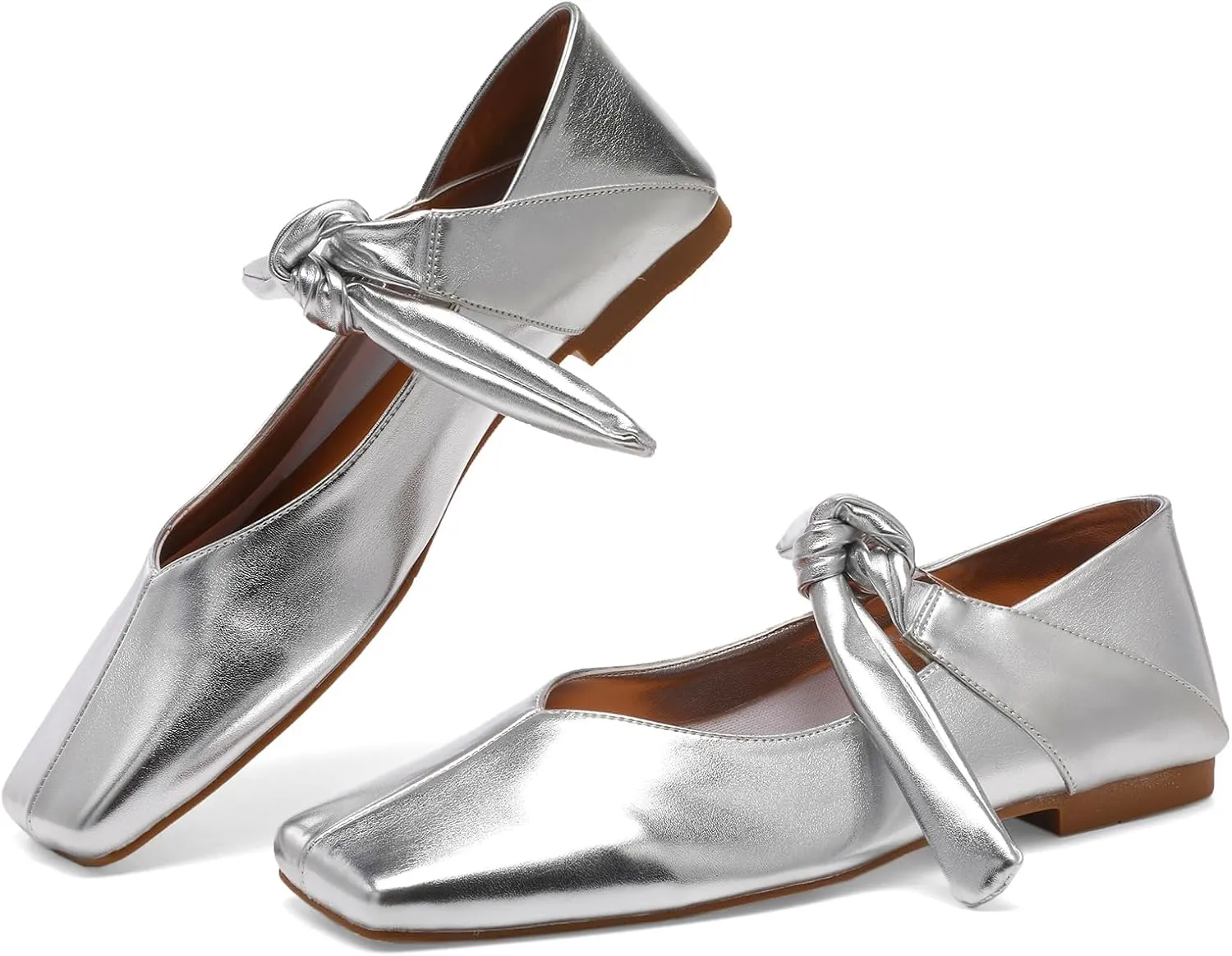Silver Bow Ballet Flats Shoes for Women Bow Tie Slip On Mary Jane Flats Square Toe Casual Dress Ballerina Shoes