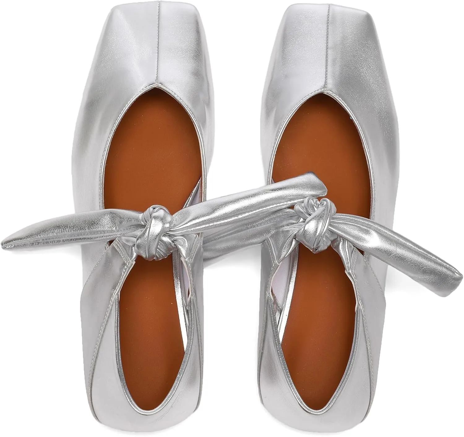 Silver Bow Ballet Flats Shoes for Women Bow Tie Slip On Mary Jane Flats Square Toe Casual Dress Ballerina Shoes
