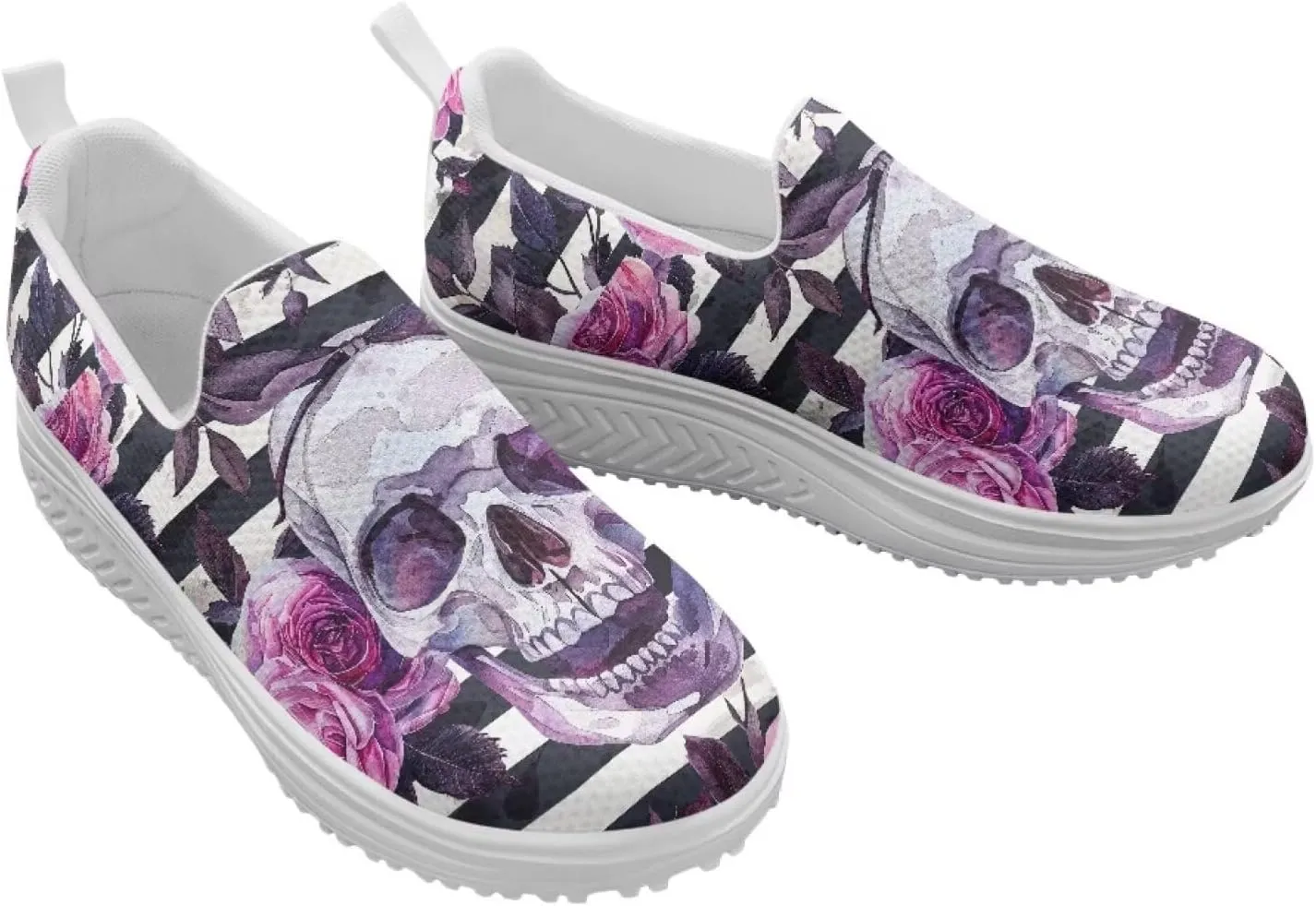 Skull Design Women's Slip-On Platform Loafers Mesh Non-Slip Rocker Bottom Sneakers Standing All Day Comfort