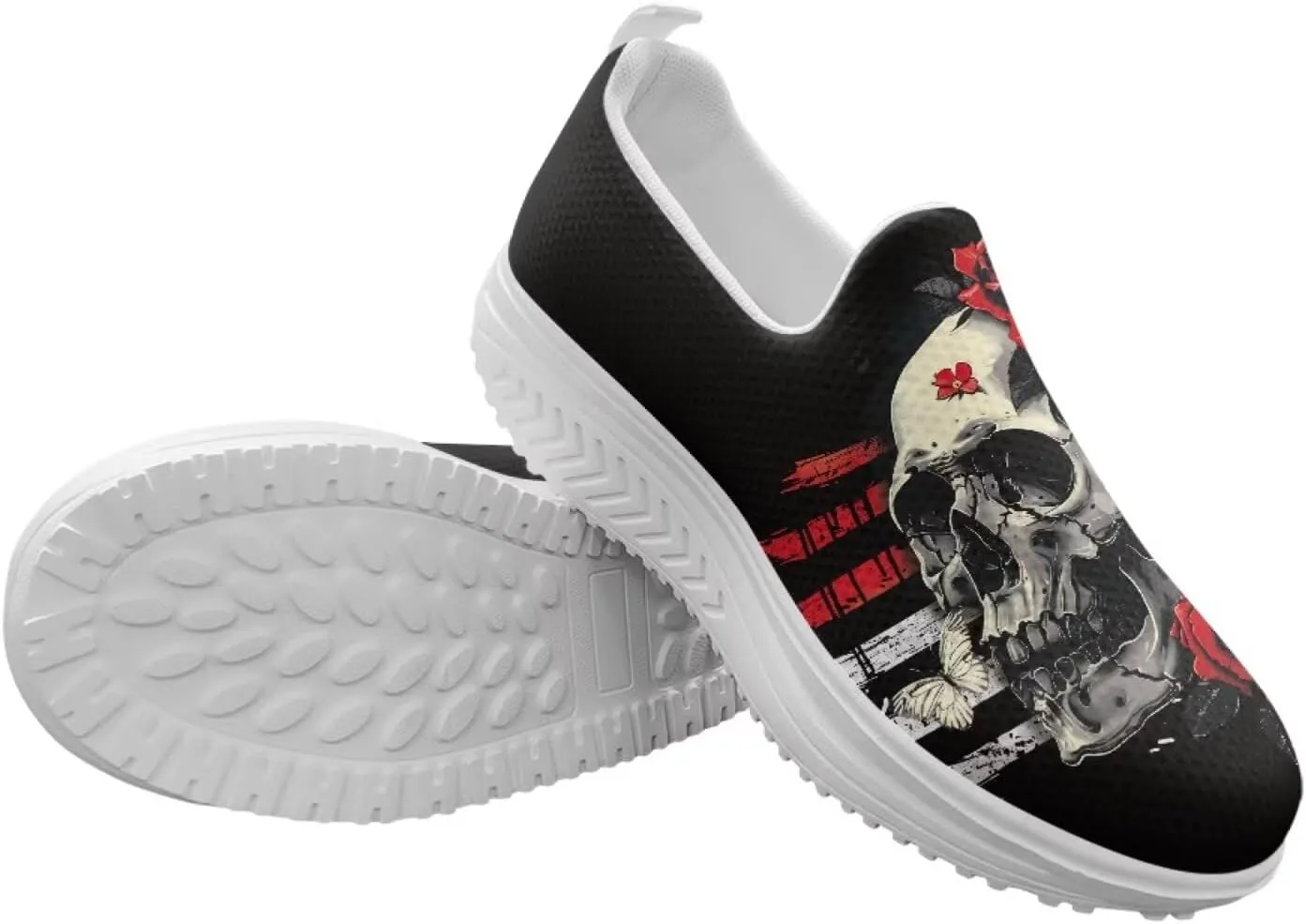 Skull Design Women's Slip-On Platform Loafers Mesh Non-Slip Rocker Bottom Sneakers Standing All Day Comfort