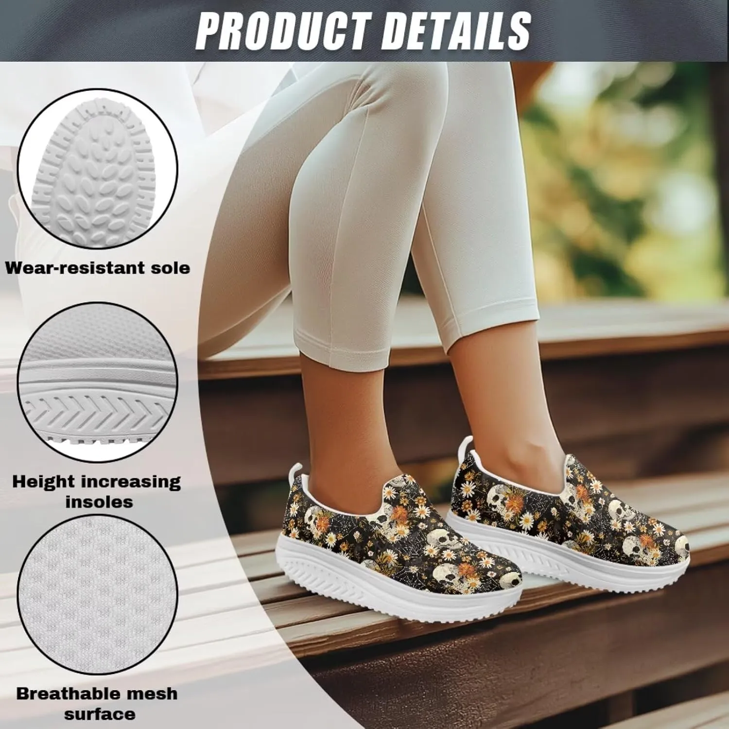 Skull Design Women's Slip-On Platform Loafers Mesh Non-Slip Rocker Bottom Sneakers Standing All Day Comfort