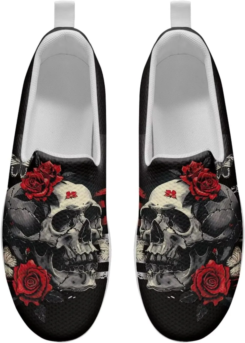 Skull Design Women's Slip-On Platform Loafers Mesh Non-Slip Rocker Bottom Sneakers Standing All Day Comfort
