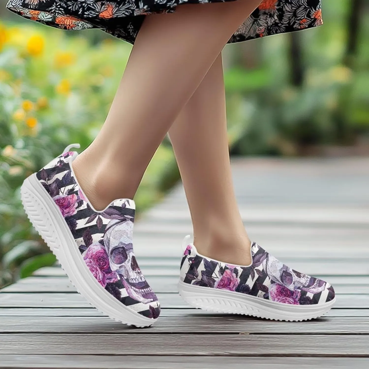 Skull Design Women's Slip-On Platform Loafers Mesh Non-Slip Rocker Bottom Sneakers Standing All Day Comfort