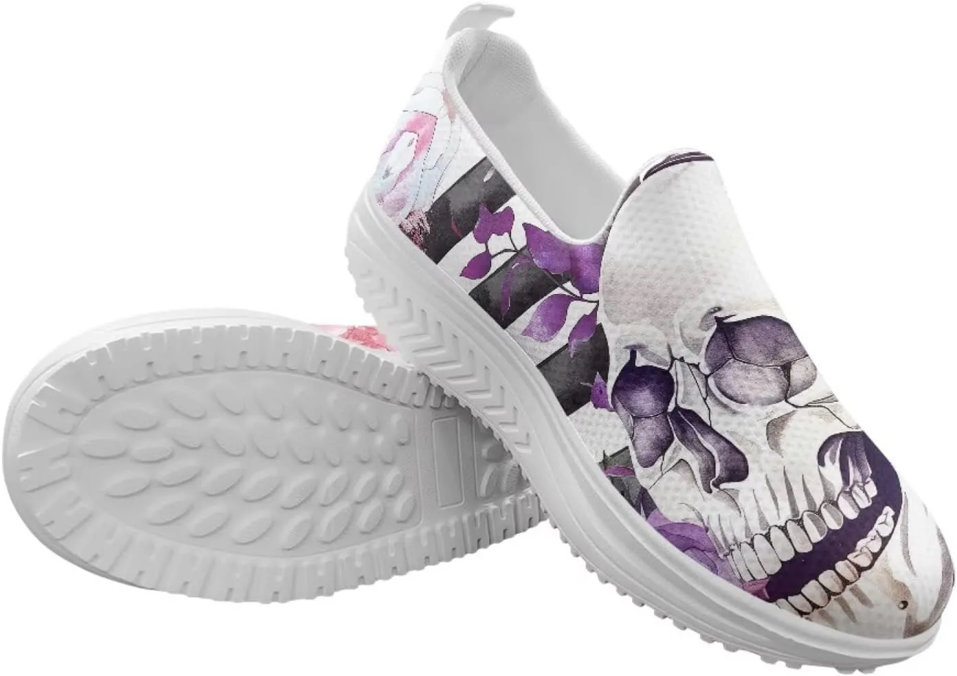 Skull Design Women's Slip-On Platform Loafers Mesh Non-Slip Rocker Bottom Sneakers Standing All Day Comfort