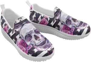 Skull Design Women's Slip-On Platform Loafers Mesh Non-Slip Rocker Bottom Sneakers Standing All Day Comfort
