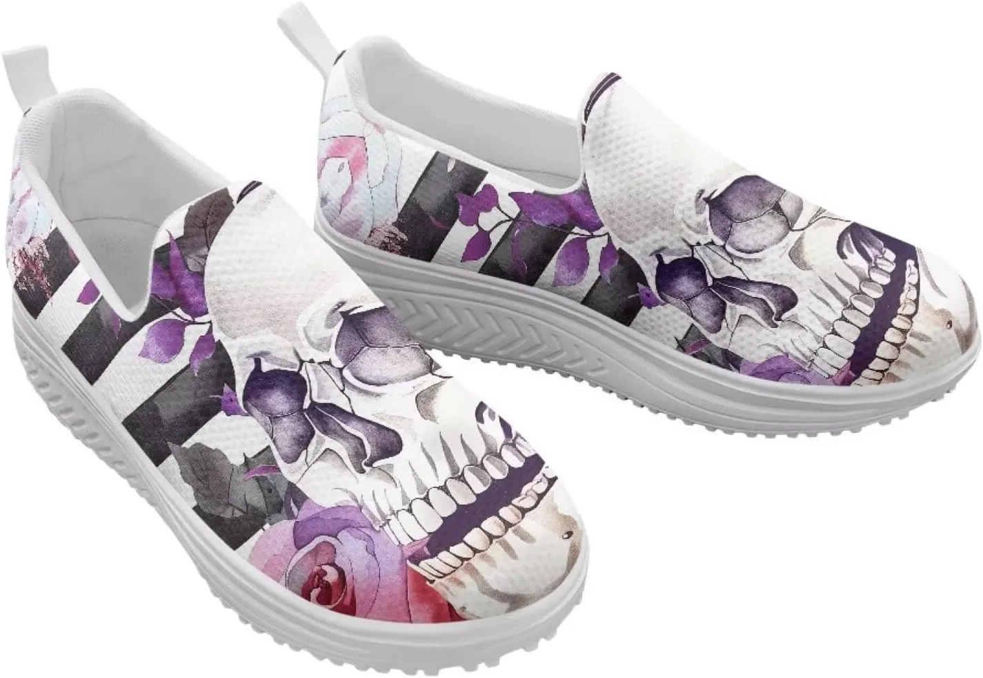 Skull Design Women's Slip-On Platform Loafers Mesh Non-Slip Rocker Bottom Sneakers Standing All Day Comfort