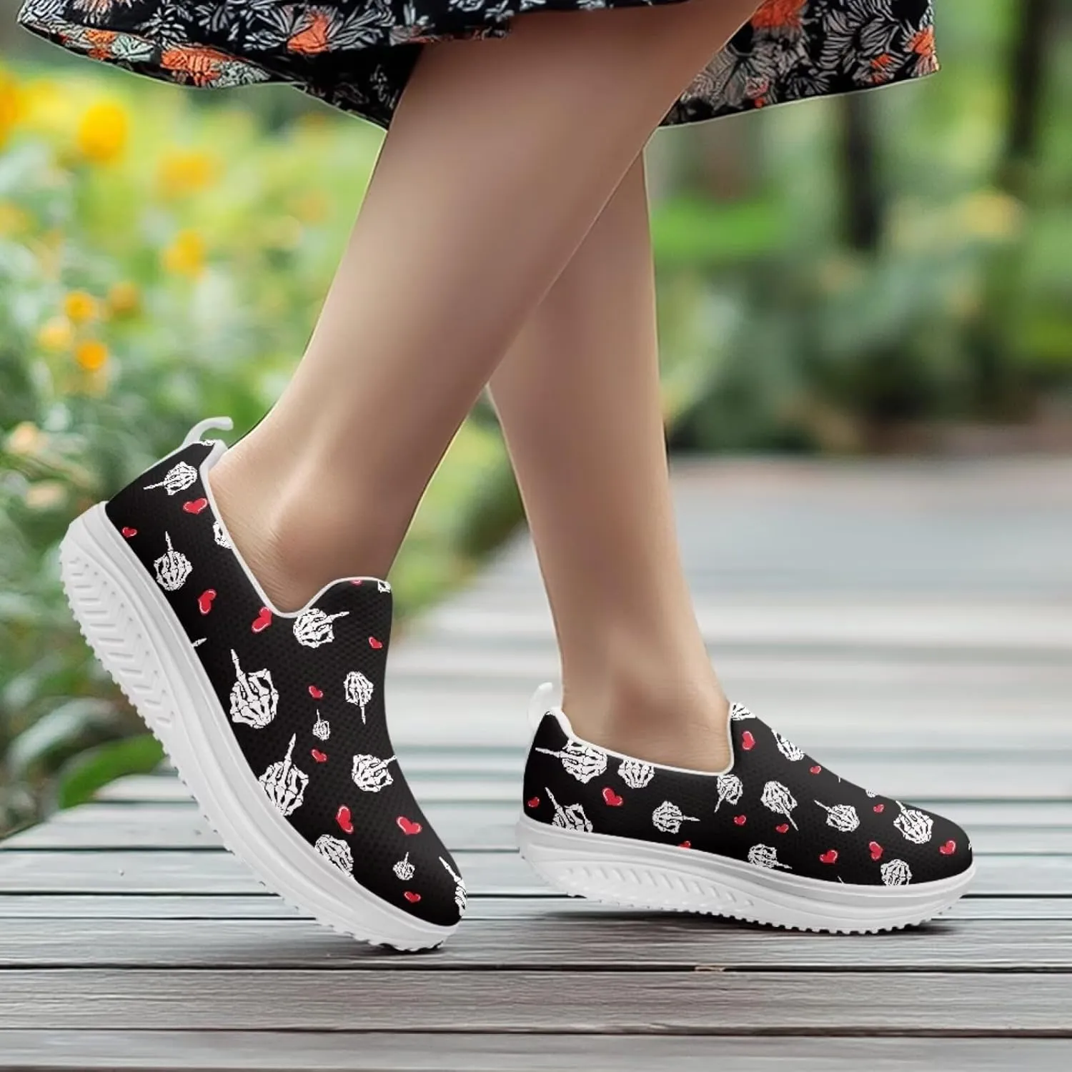 Skull Design Women's Slip-On Platform Loafers Mesh Non-Slip Rocker Bottom Sneakers Standing All Day Comfort