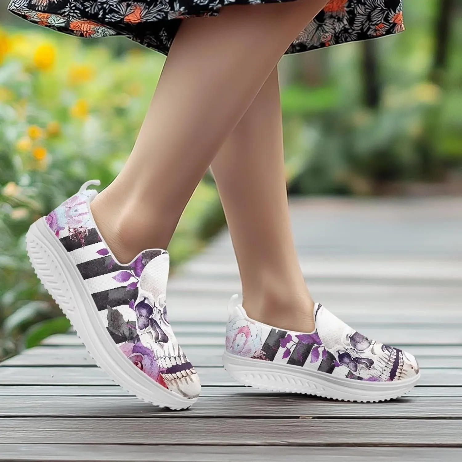 Skull Design Women's Slip-On Platform Loafers Mesh Non-Slip Rocker Bottom Sneakers Standing All Day Comfort