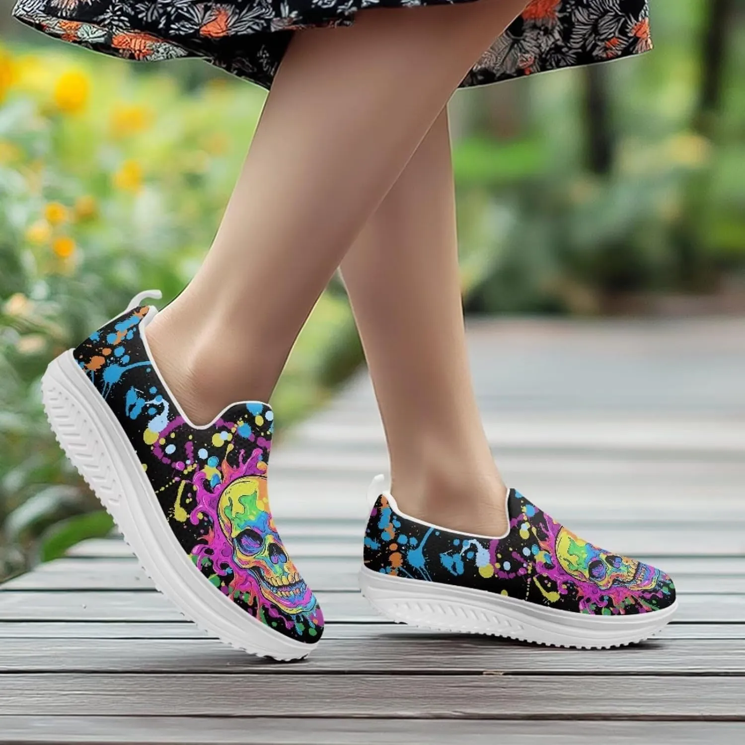 Skull Design Women's Slip-On Platform Loafers Mesh Non-Slip Rocker Bottom Sneakers Standing All Day Comfort