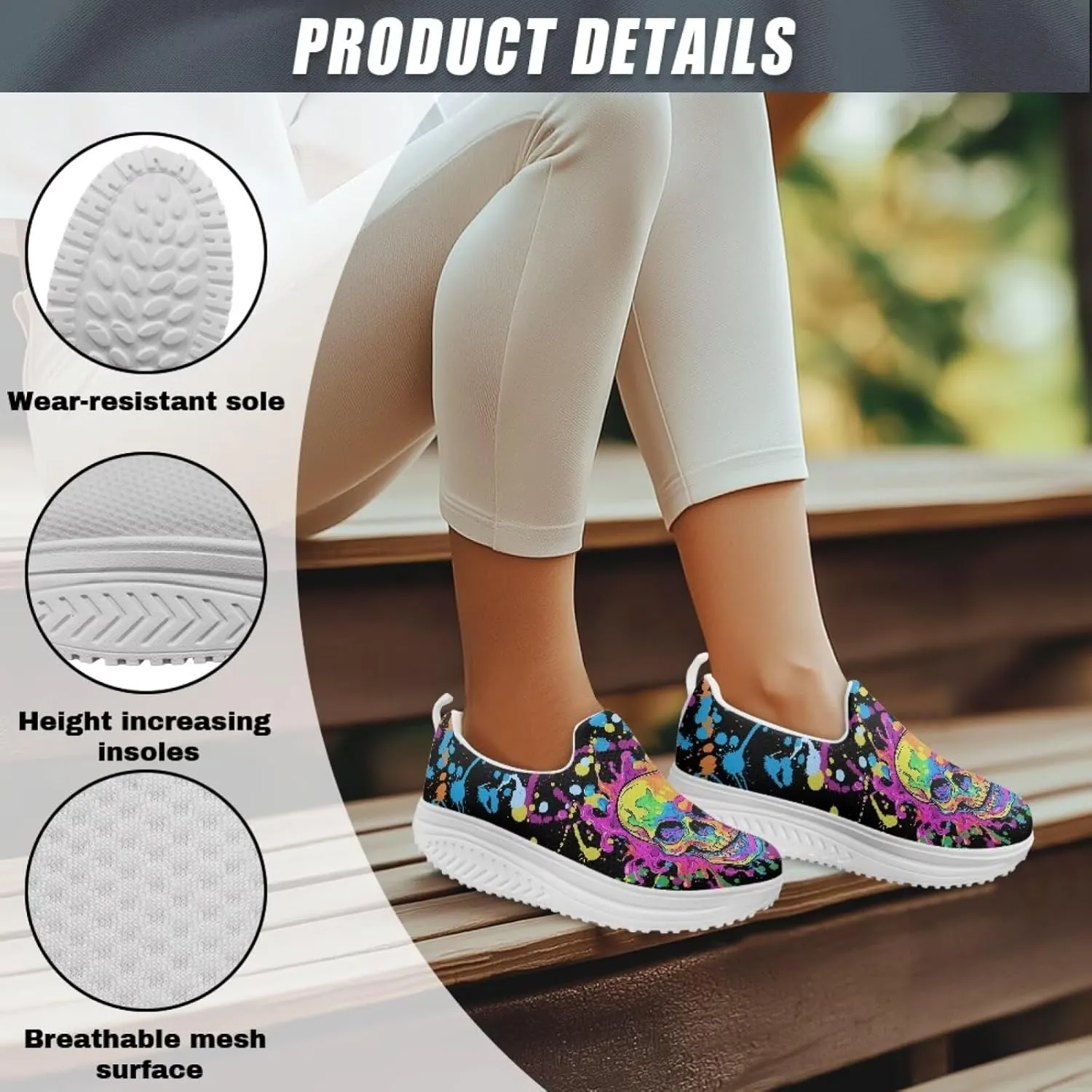 Skull Design Women's Slip-On Platform Loafers Mesh Non-Slip Rocker Bottom Sneakers Standing All Day Comfort