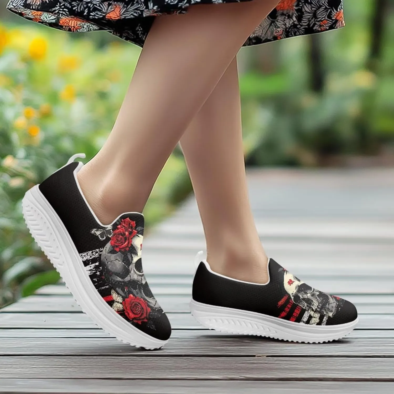 Skull Design Women's Slip-On Platform Loafers Mesh Non-Slip Rocker Bottom Sneakers Standing All Day Comfort