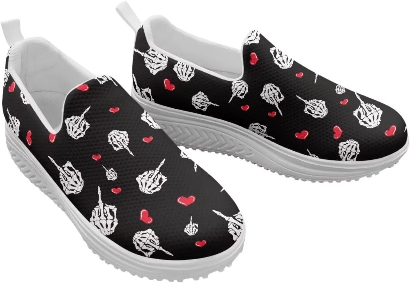 Skull Design Women's Slip-On Platform Loafers Mesh Non-Slip Rocker Bottom Sneakers Standing All Day Comfort