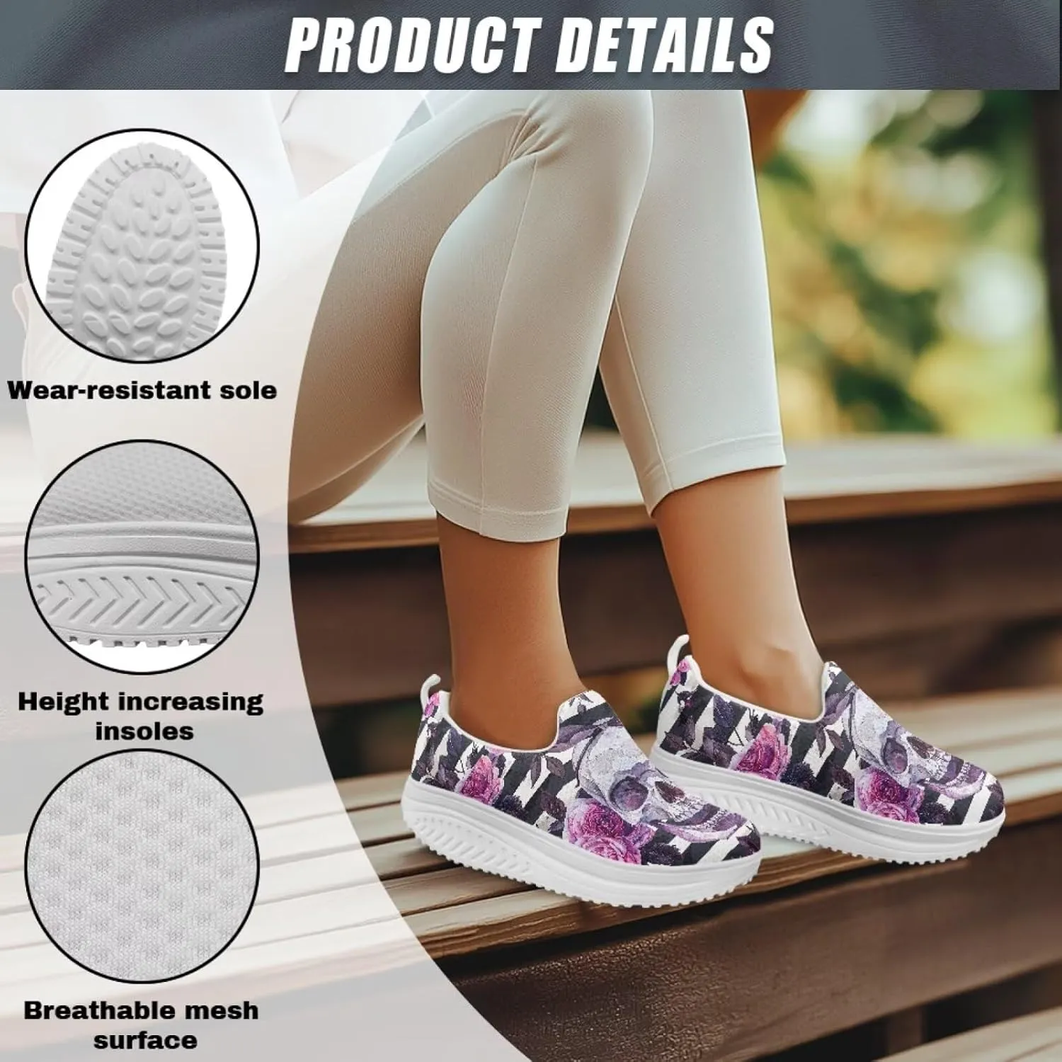 Skull Design Women's Slip-On Platform Loafers Mesh Non-Slip Rocker Bottom Sneakers Standing All Day Comfort