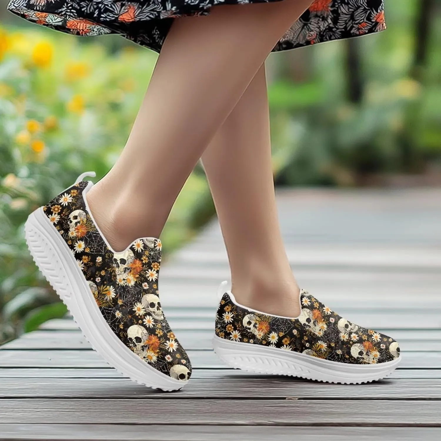 Skull Design Women's Slip-On Platform Loafers Mesh Non-Slip Rocker Bottom Sneakers Standing All Day Comfort
