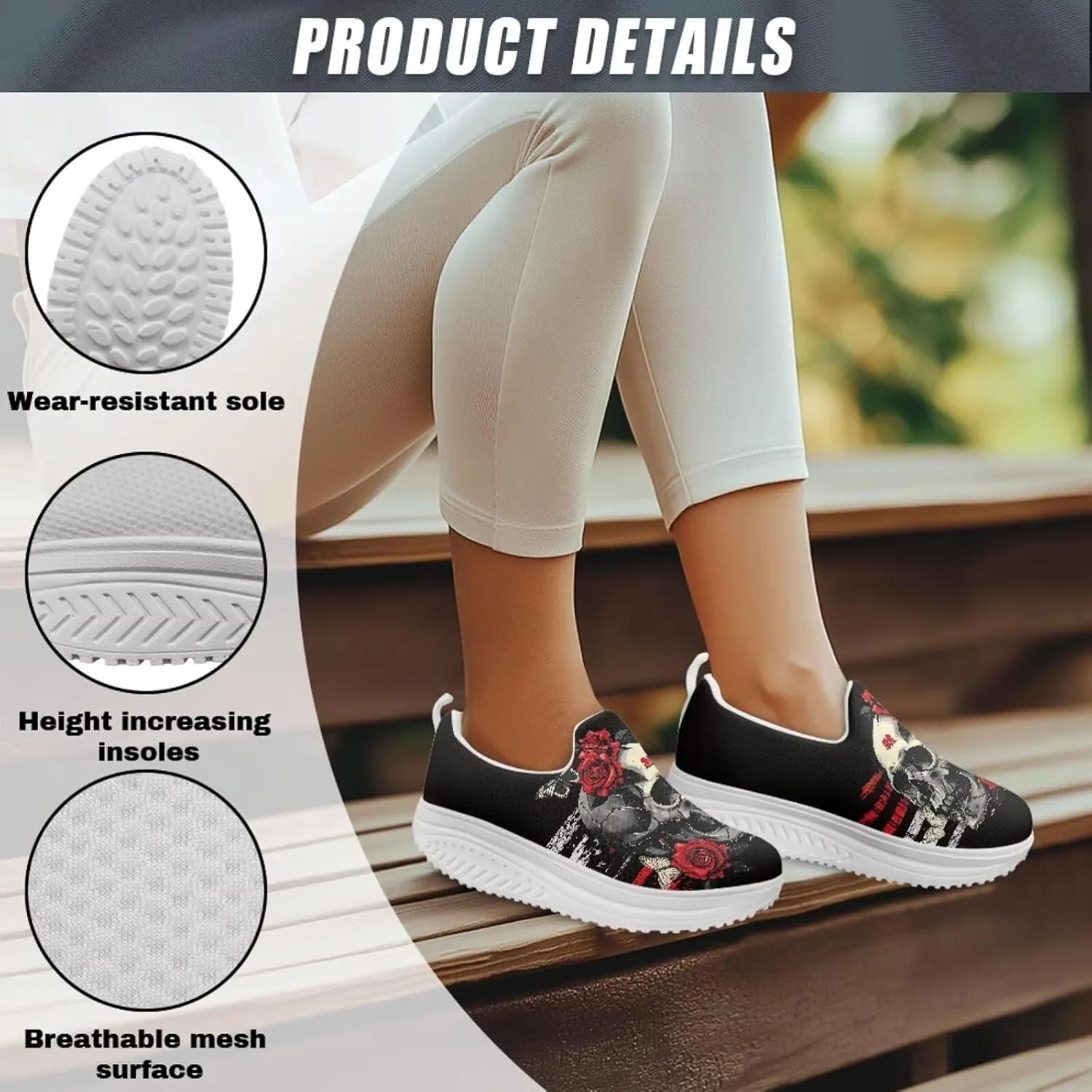 Skull Design Women's Slip-On Platform Loafers Mesh Non-Slip Rocker Bottom Sneakers Standing All Day Comfort