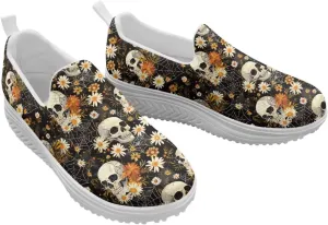 Skull Design Women's Slip-On Platform Loafers Mesh Non-Slip Rocker Bottom Sneakers Standing All Day Comfort