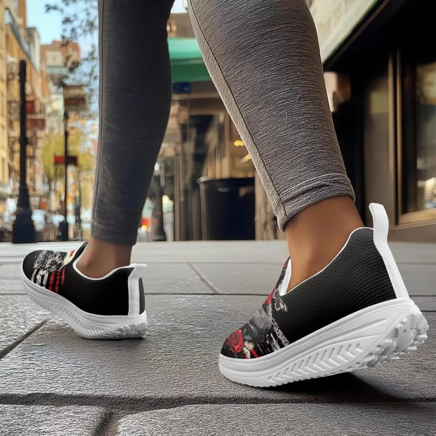 Skull Design Women's Slip-On Platform Loafers Mesh Non-Slip Rocker Bottom Sneakers Standing All Day Comfort