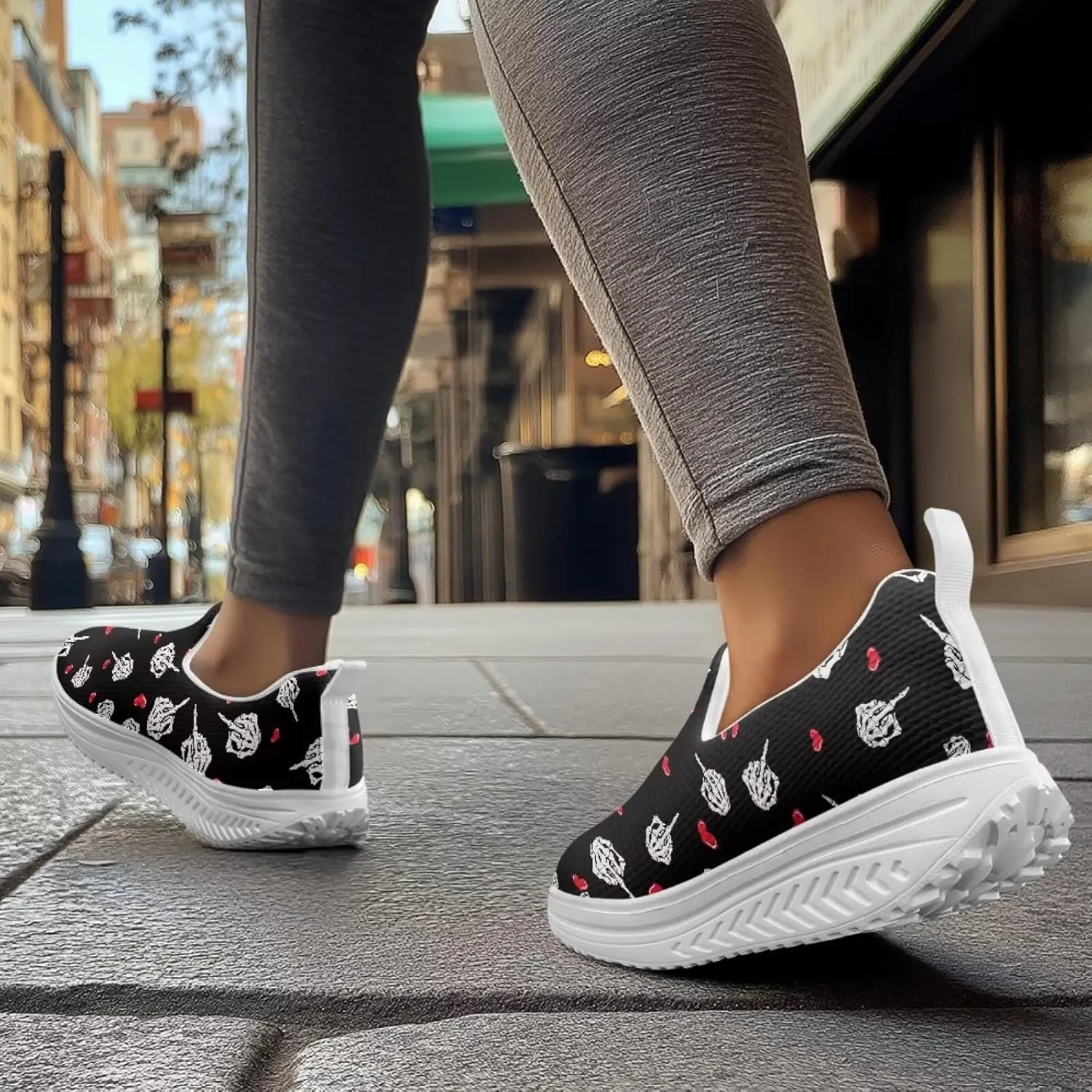 Skull Design Women's Slip-On Platform Loafers Mesh Non-Slip Rocker Bottom Sneakers Standing All Day Comfort
