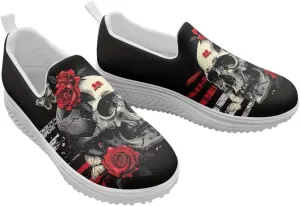 Skull Design Women's Slip-On Platform Loafers Mesh Non-Slip Rocker Bottom Sneakers Standing All Day Comfort