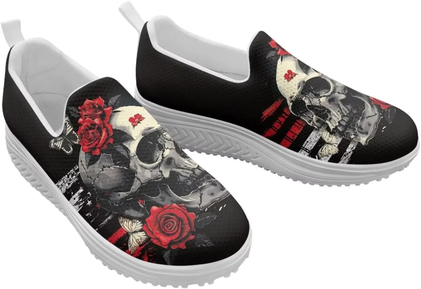 Skull Design Women's Slip-On Platform Loafers Mesh Non-Slip Rocker Bottom Sneakers Standing All Day Comfort