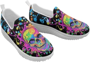 Skull Design Women's Slip-On Platform Loafers Mesh Non-Slip Rocker Bottom Sneakers Standing All Day Comfort