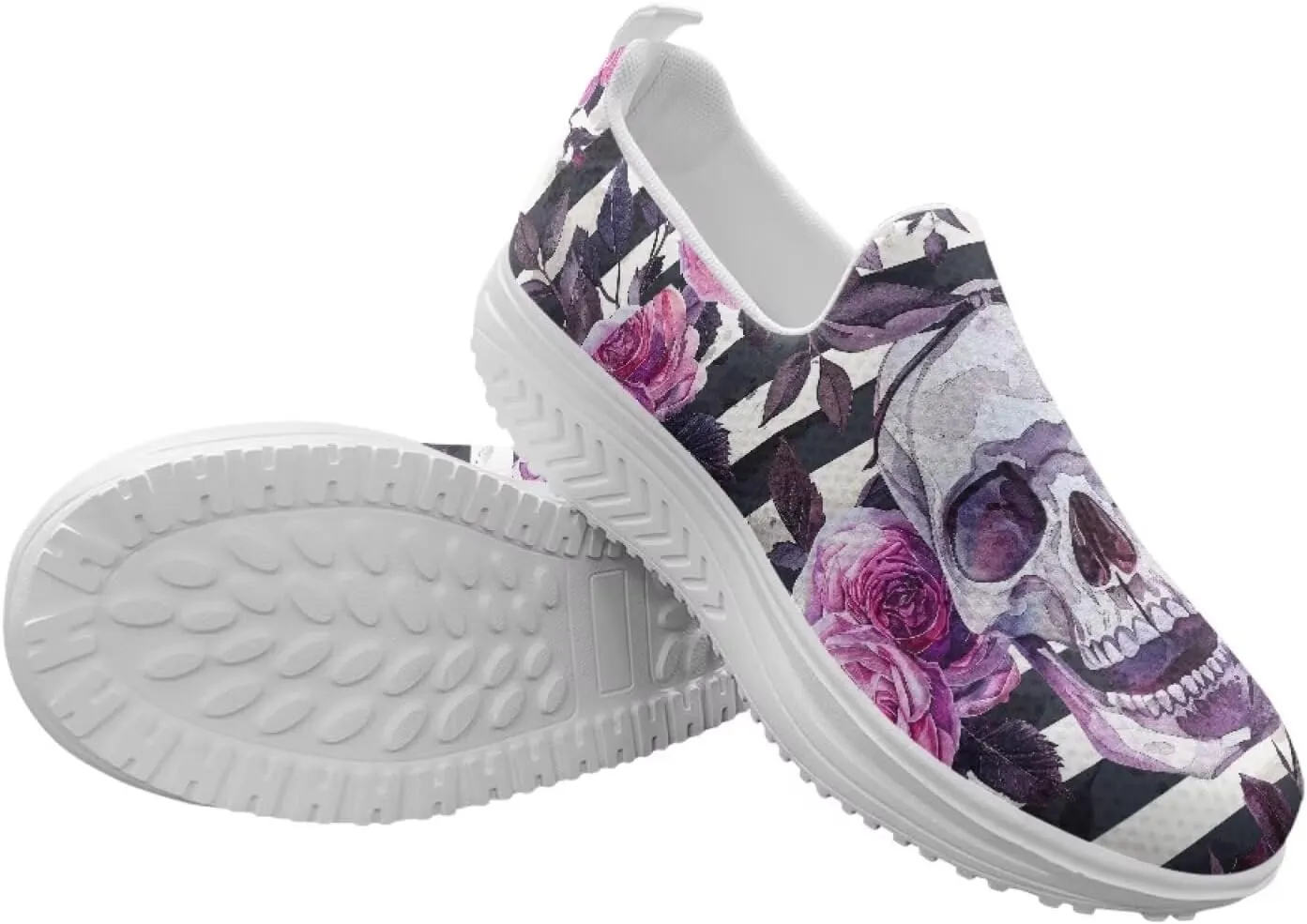 Skull Design Women's Slip-On Platform Loafers Mesh Non-Slip Rocker Bottom Sneakers Standing All Day Comfort