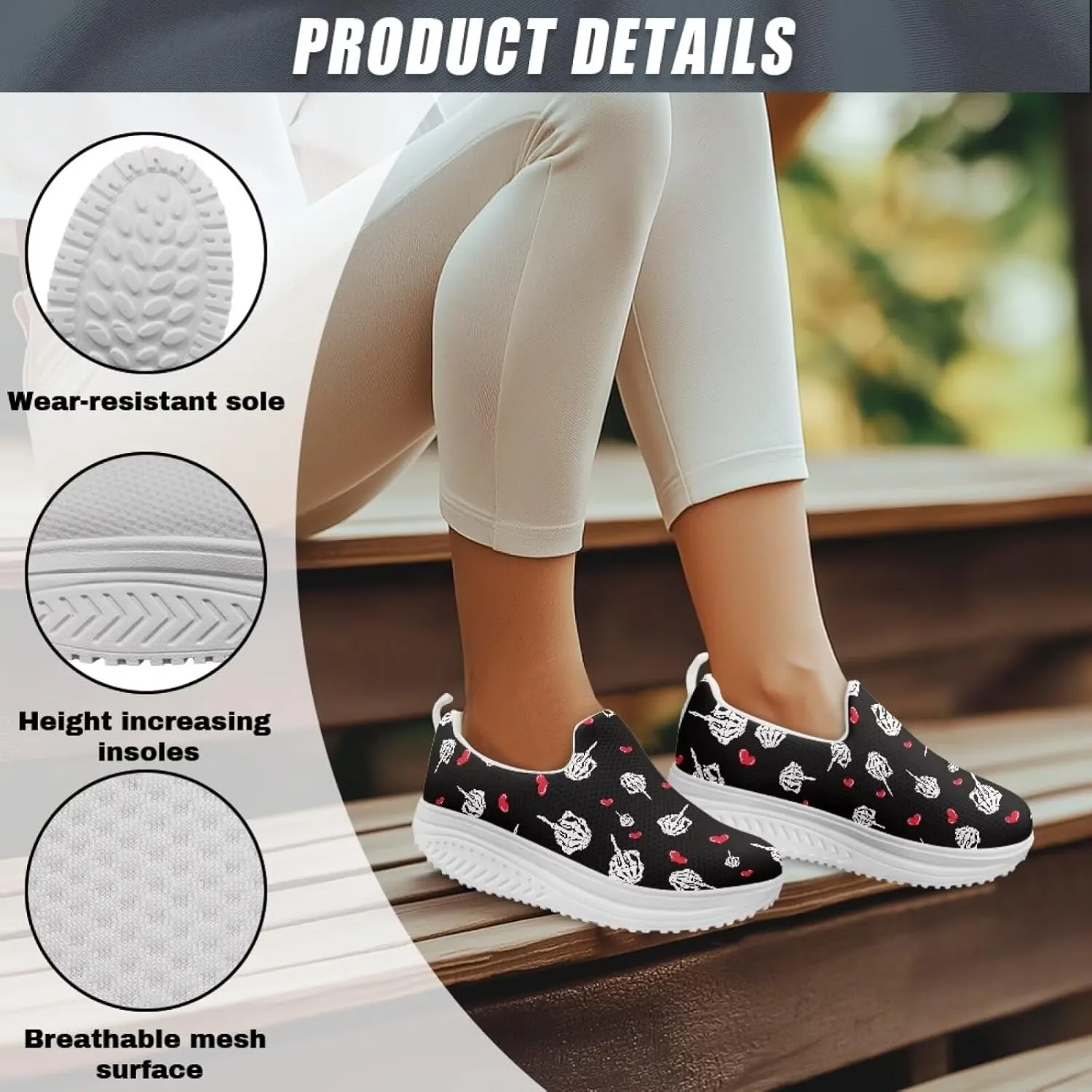 Skull Design Women's Slip-On Platform Loafers Mesh Non-Slip Rocker Bottom Sneakers Standing All Day Comfort