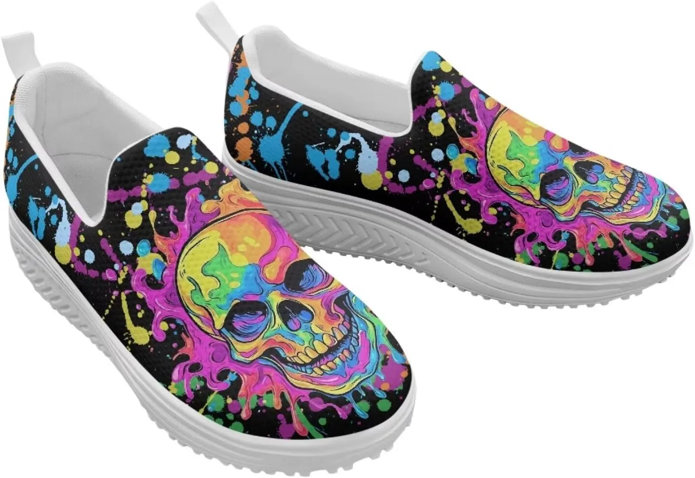 Skull Design Women's Slip-On Platform Loafers Mesh Non-Slip Rocker Bottom Sneakers Standing All Day Comfort