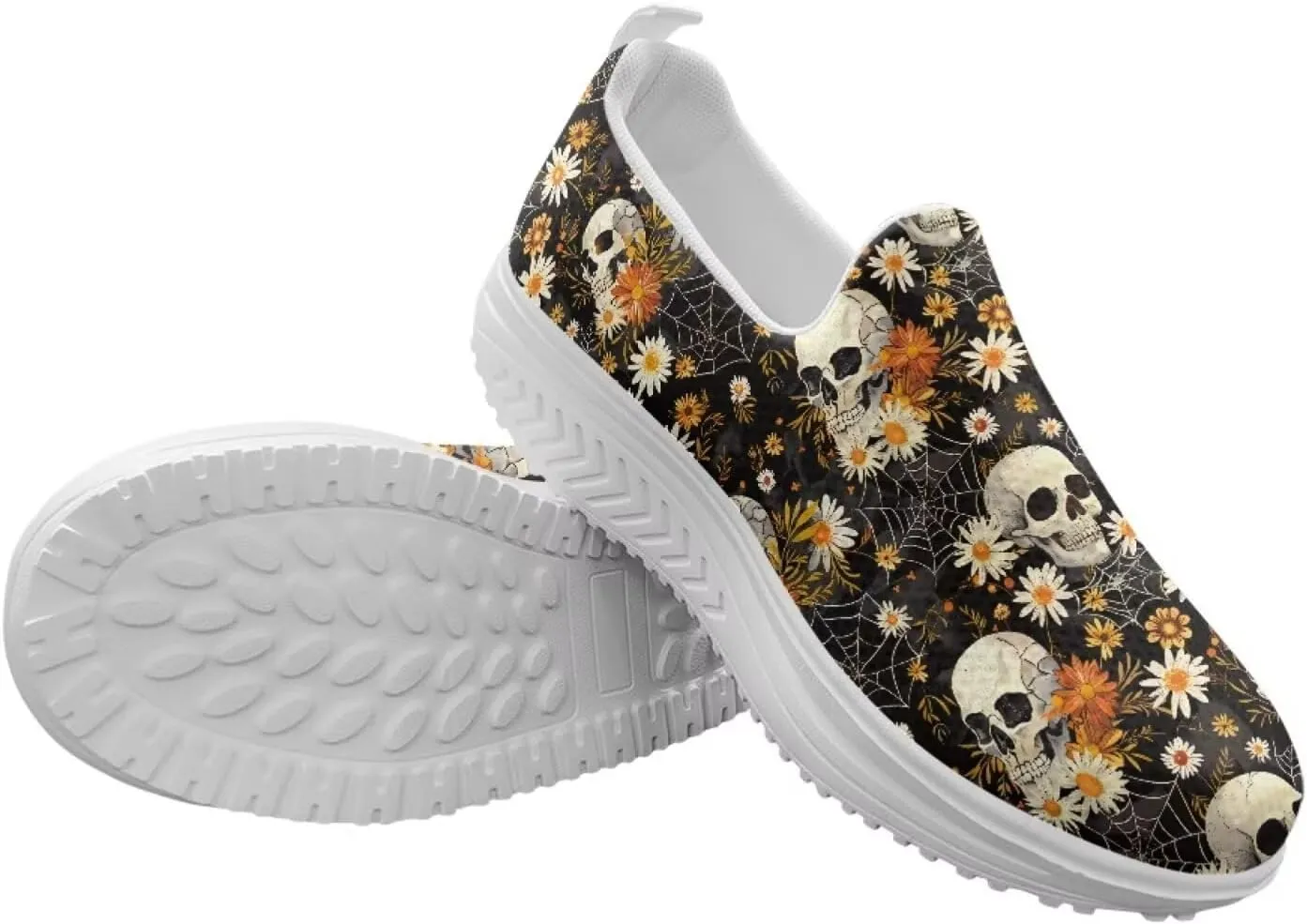 Skull Design Women's Slip-On Platform Loafers Mesh Non-Slip Rocker Bottom Sneakers Standing All Day Comfort