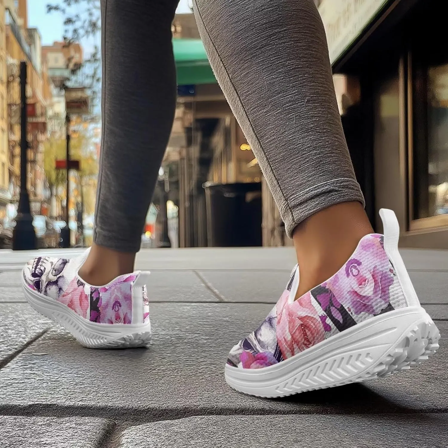 Skull Design Women's Slip-On Platform Loafers Mesh Non-Slip Rocker Bottom Sneakers Standing All Day Comfort
