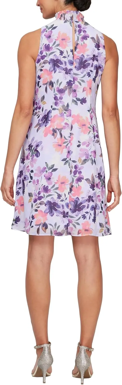 S.L. Fashions Women's Short Printed Sleeveless Dress with Smocked Neck and Asymmetric Overlay