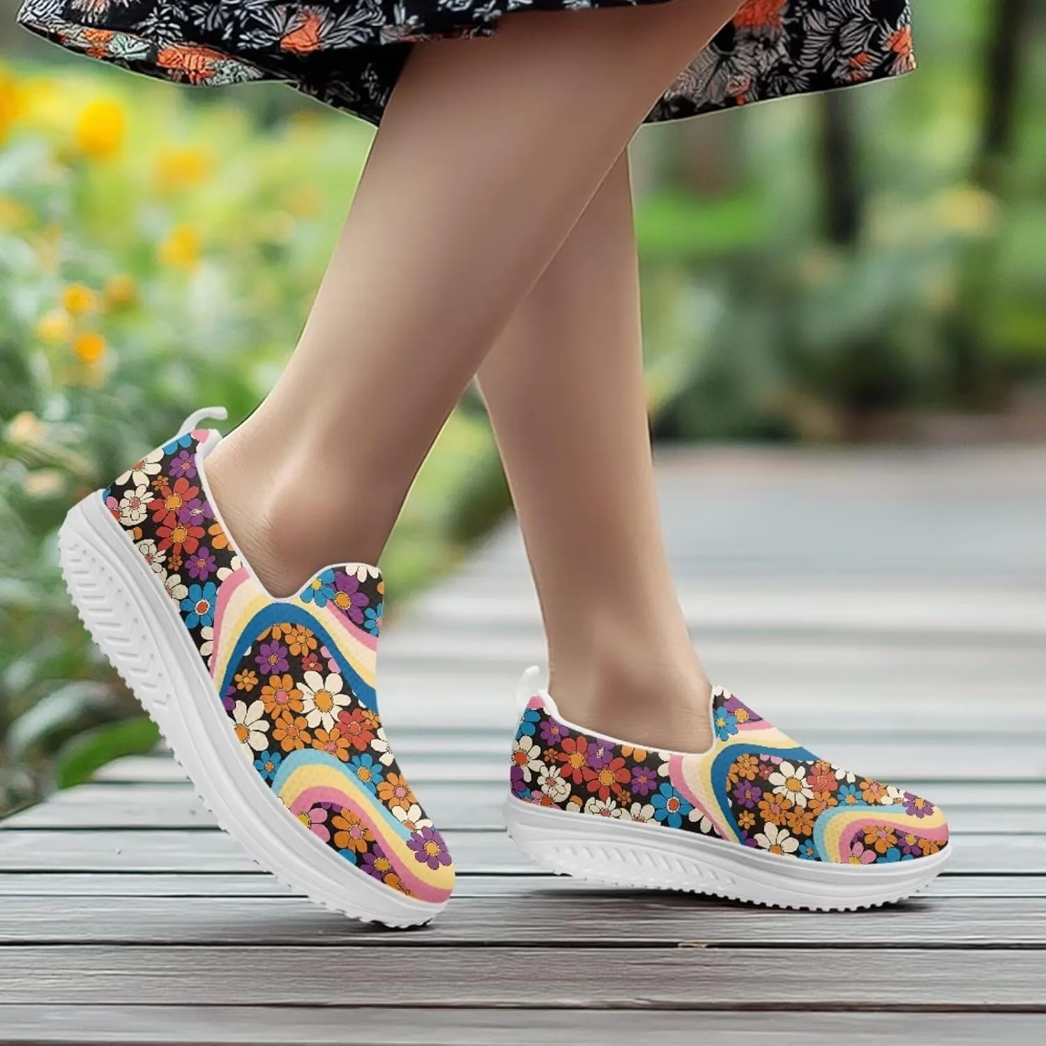 Slip On Women Shoes Hippie Florals Rocking Sole Loafers Comfort Elastic Stretch Mesh Casual Walking Sneakers