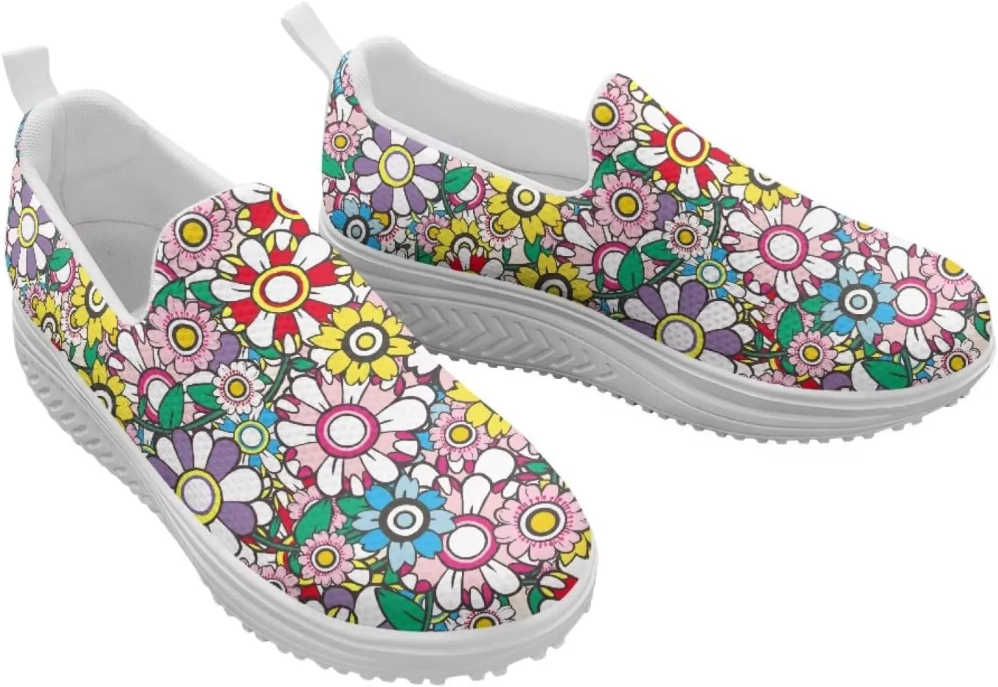 Slip On Women Shoes Hippie Florals Rocking Sole Loafers Comfort Elastic Stretch Mesh Casual Walking Sneakers