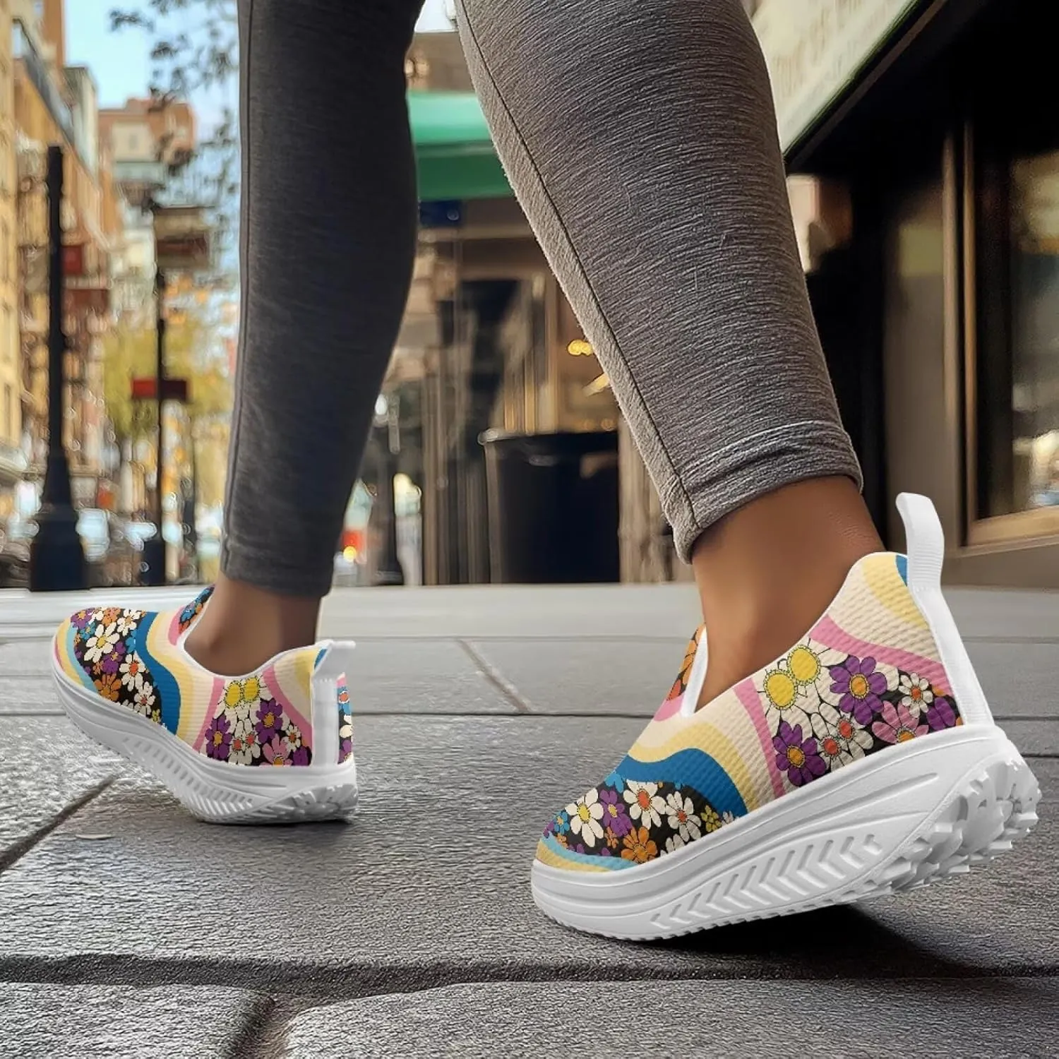 Slip On Women Shoes Hippie Florals Rocking Sole Loafers Comfort Elastic Stretch Mesh Casual Walking Sneakers