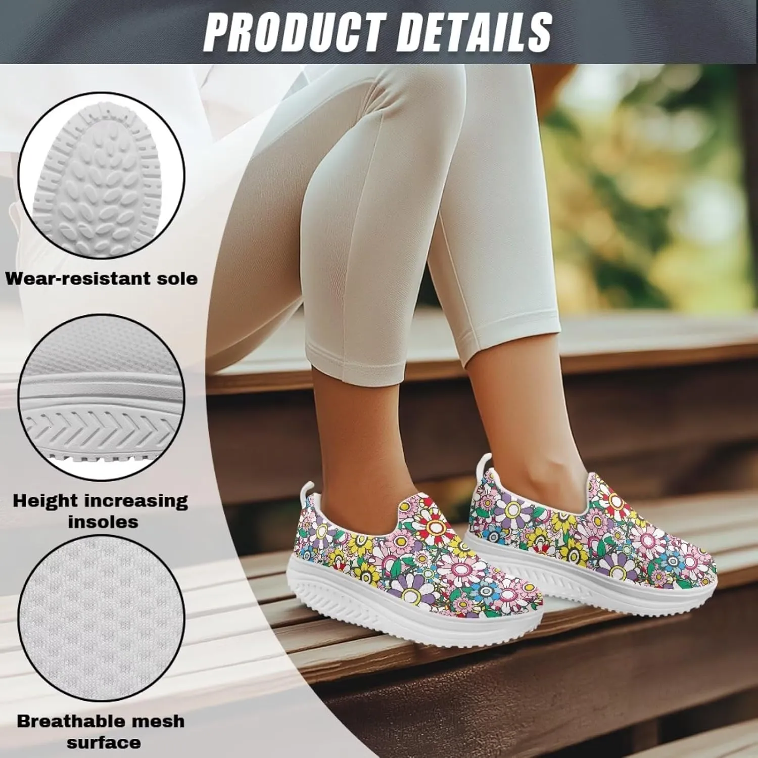 Slip On Women Shoes Hippie Florals Rocking Sole Loafers Comfort Elastic Stretch Mesh Casual Walking Sneakers