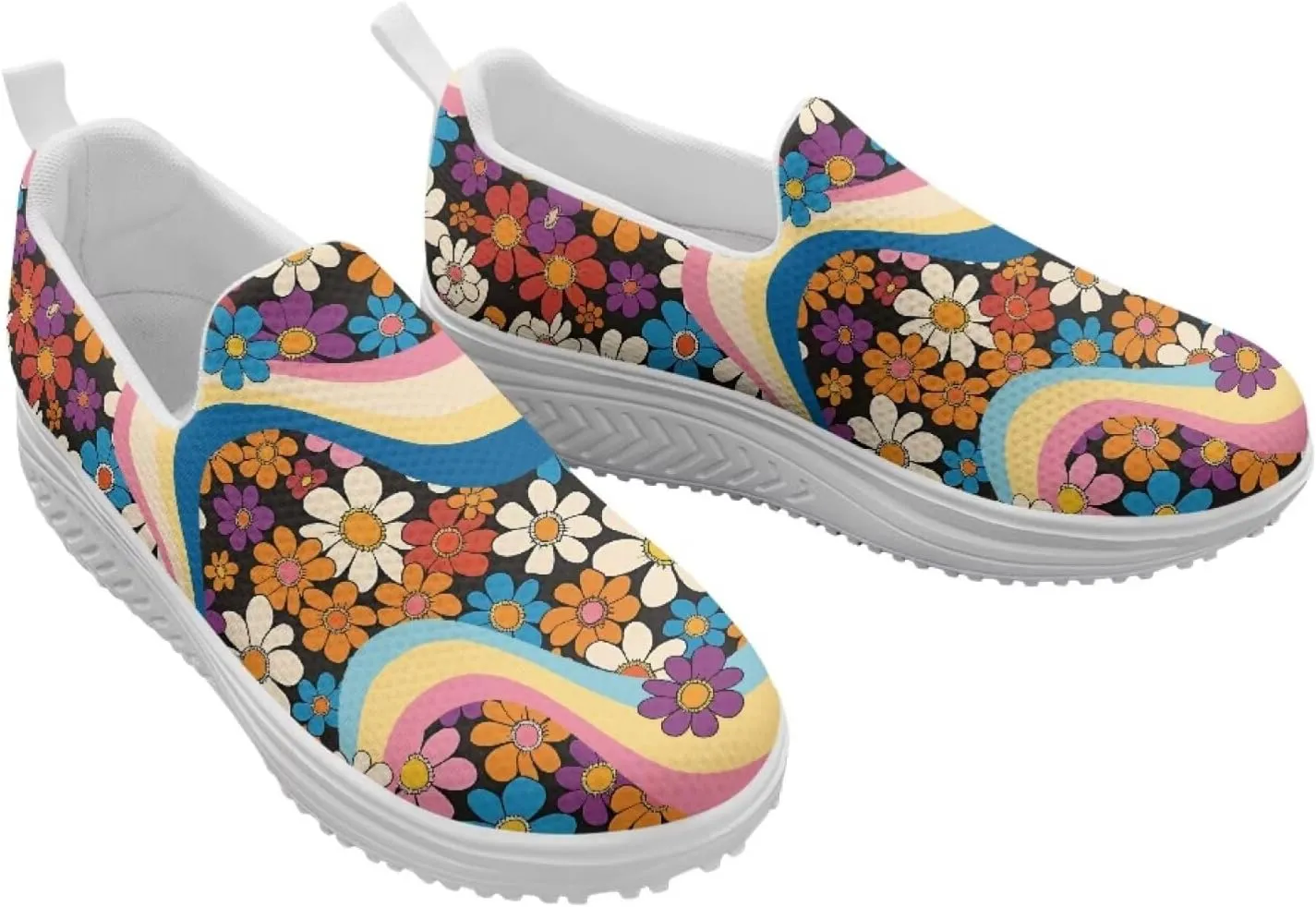 Slip On Women Shoes Hippie Florals Rocking Sole Loafers Comfort Elastic Stretch Mesh Casual Walking Sneakers