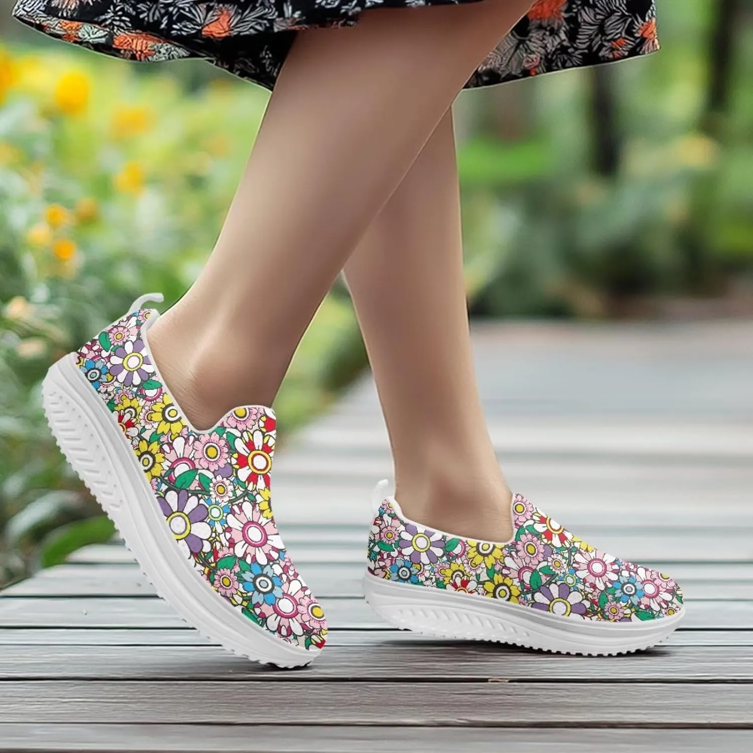 Slip On Women Shoes Hippie Florals Rocking Sole Loafers Comfort Elastic Stretch Mesh Casual Walking Sneakers