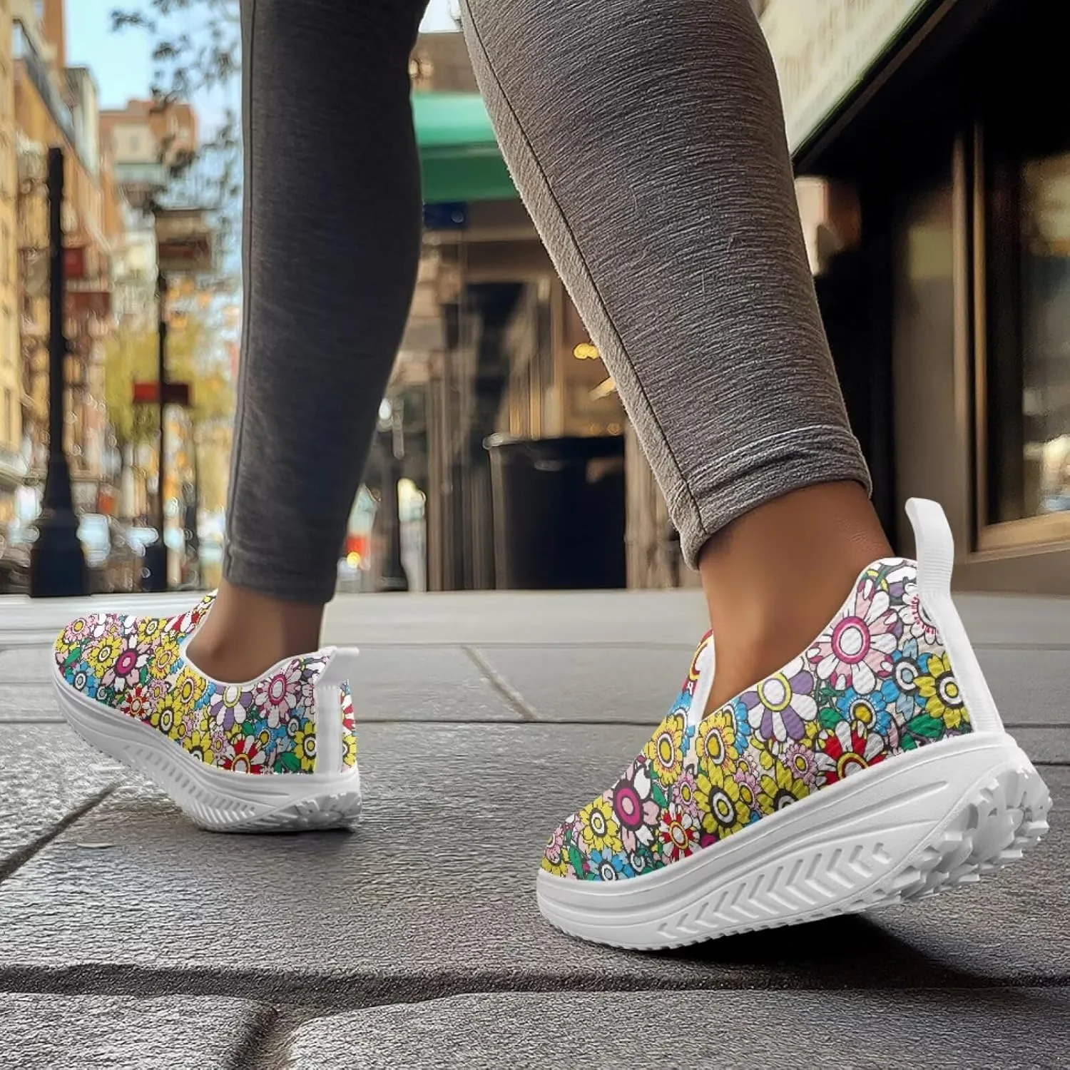 Slip On Women Shoes Hippie Florals Rocking Sole Loafers Comfort Elastic Stretch Mesh Casual Walking Sneakers