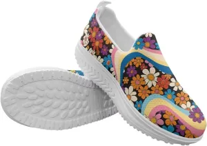 Slip On Women Shoes Hippie Florals Rocking Sole Loafers Comfort Elastic Stretch Mesh Casual Walking Sneakers