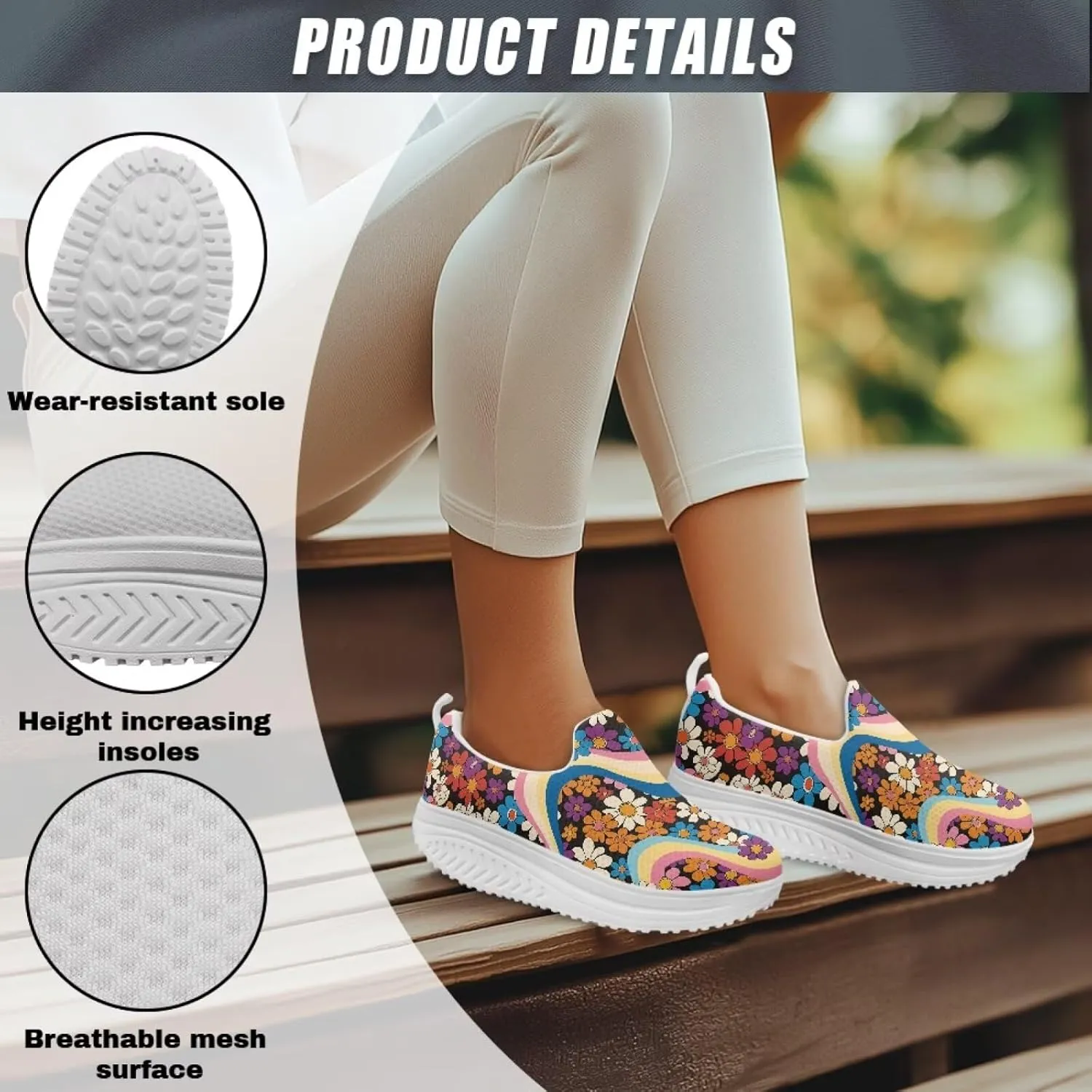 Slip On Women Shoes Hippie Florals Rocking Sole Loafers Comfort Elastic Stretch Mesh Casual Walking Sneakers