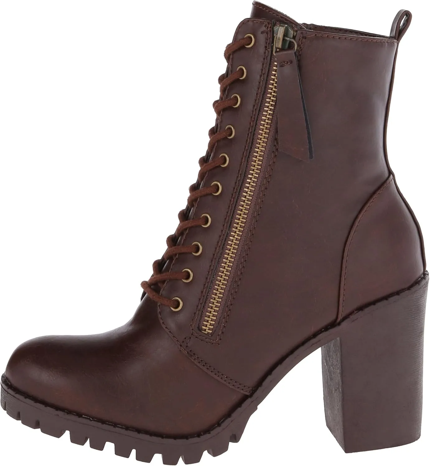 Soda Malia Round Toe Stacked Lug Heel Lace Up Ankle Booties