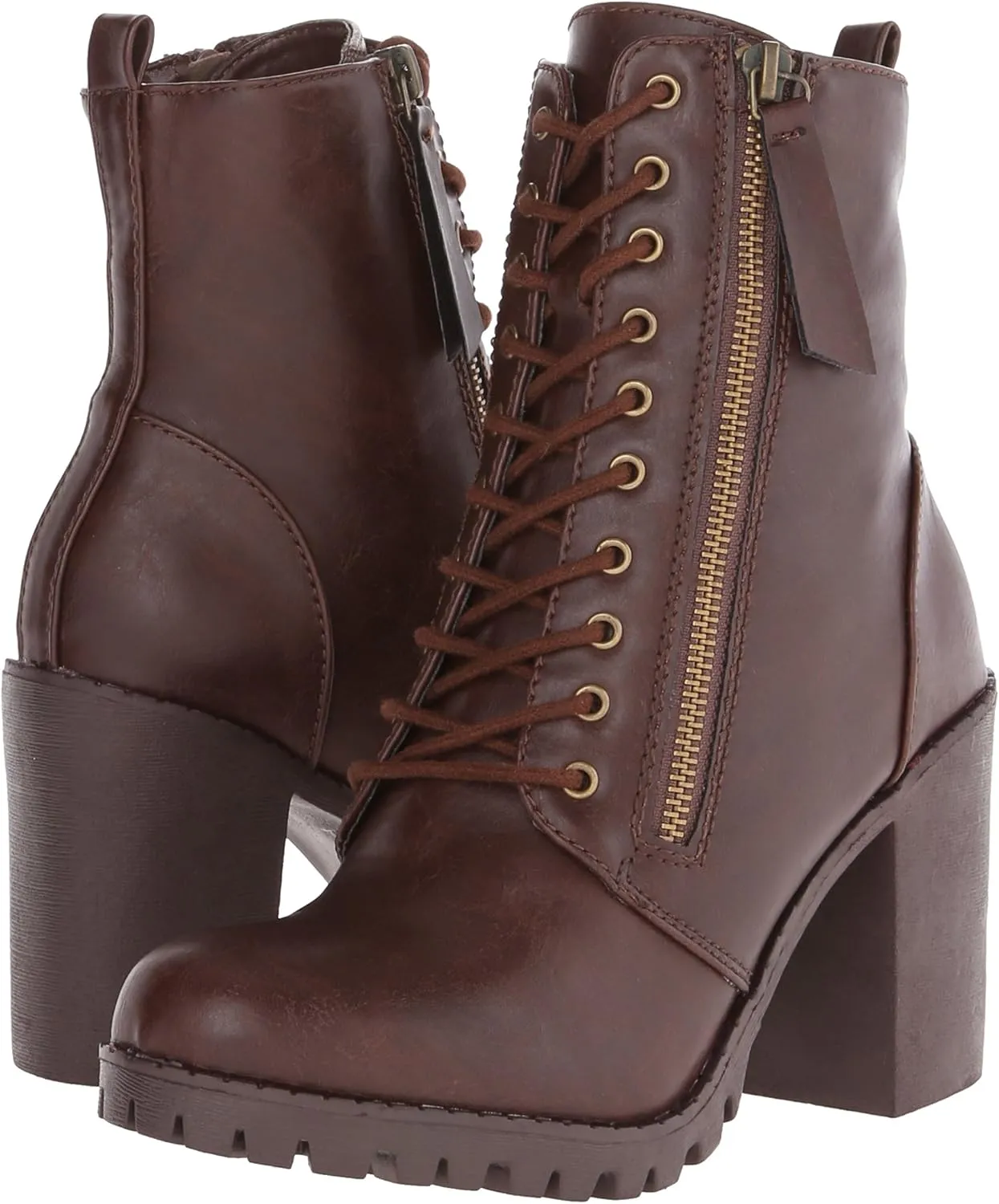 Soda Malia Round Toe Stacked Lug Heel Lace Up Ankle Booties