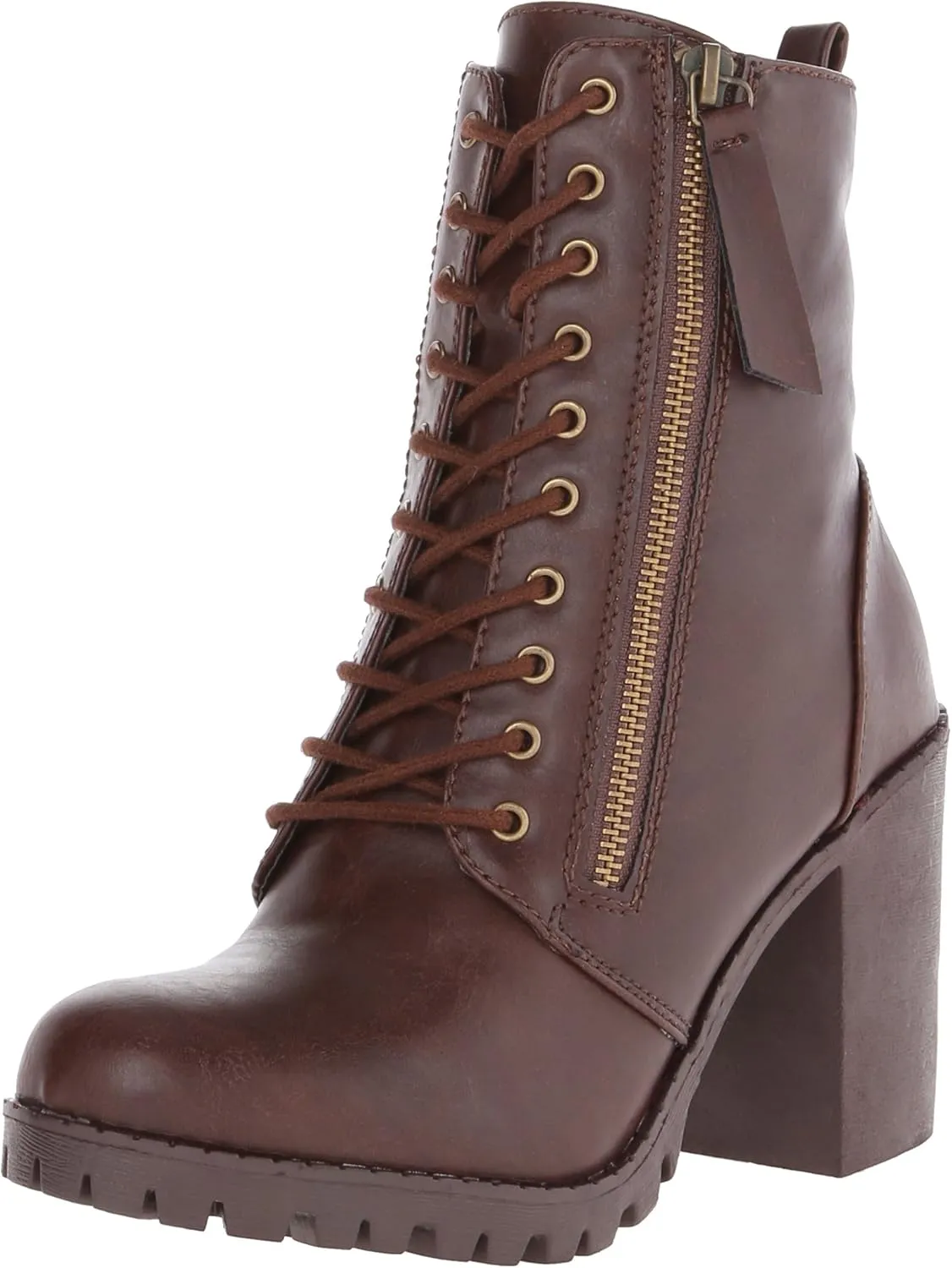 Soda Malia Round Toe Stacked Lug Heel Lace Up Ankle Booties