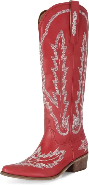 STALOV Cowboy Boots for Women,Western Pointed Toe Chunky Heel Pull-On Knee High Cowgirl Boots Fashion Embroidered Tall