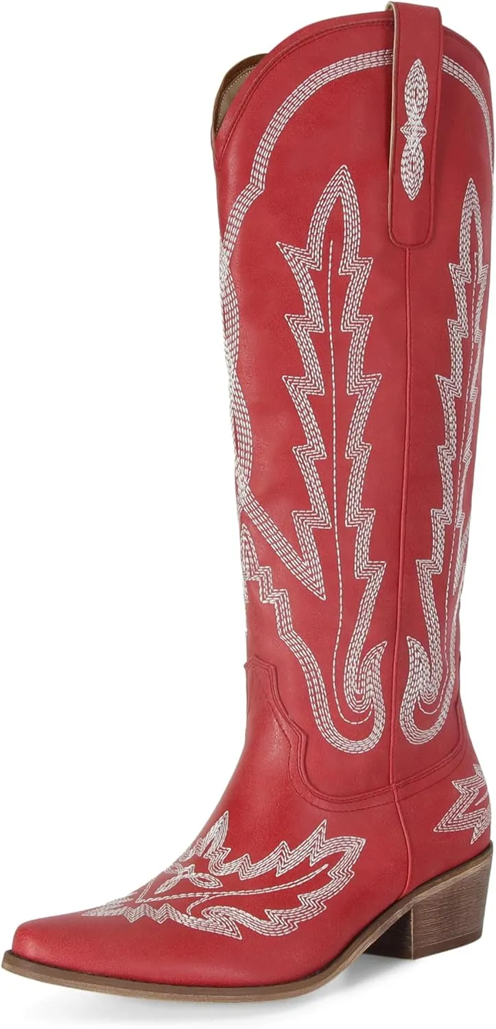 STALOV Cowboy Boots for Women,Western Pointed Toe Chunky Heel Pull-On Knee High Cowgirl Boots Fashion Embroidered Tall