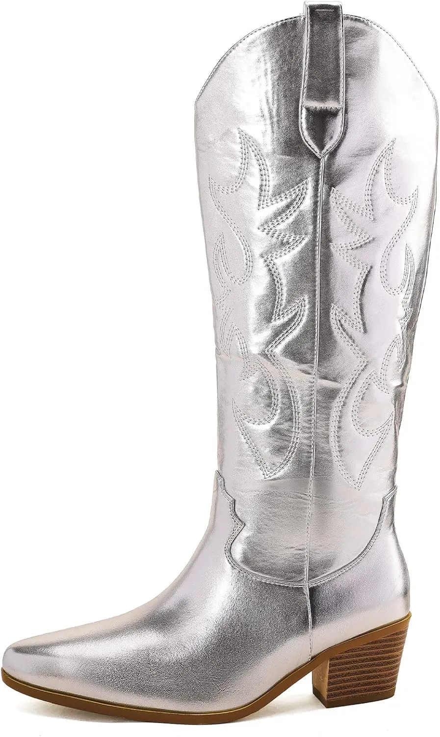 STALOV Cowboy Boots for Women,Western Pointed Toe Chunky Heel Pull-On Knee High Cowgirl Boots Fashion Embroidered Tall