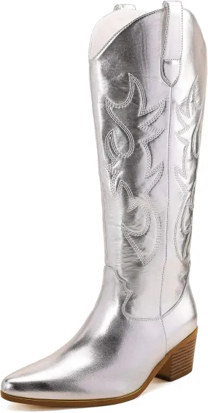 STALOV Cowboy Boots for Women,Western Pointed Toe Chunky Heel Pull-On Knee High Cowgirl Boots Fashion Embroidered Tall